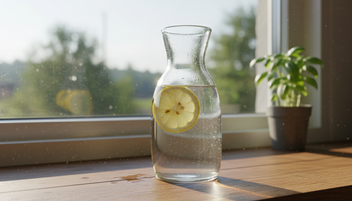 Стеклянный графин с водой, ломтик лимона, утренний свет на кухонном подоконнике