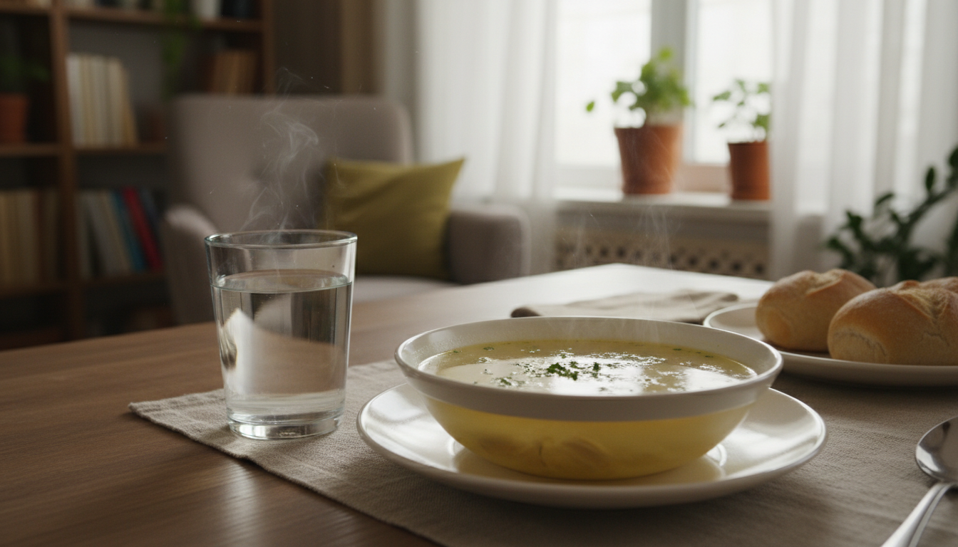 Стакан чистой воды, лёгкий куриный бульон на кухонном столе, тёплый домашний интерьер, дневной свет
